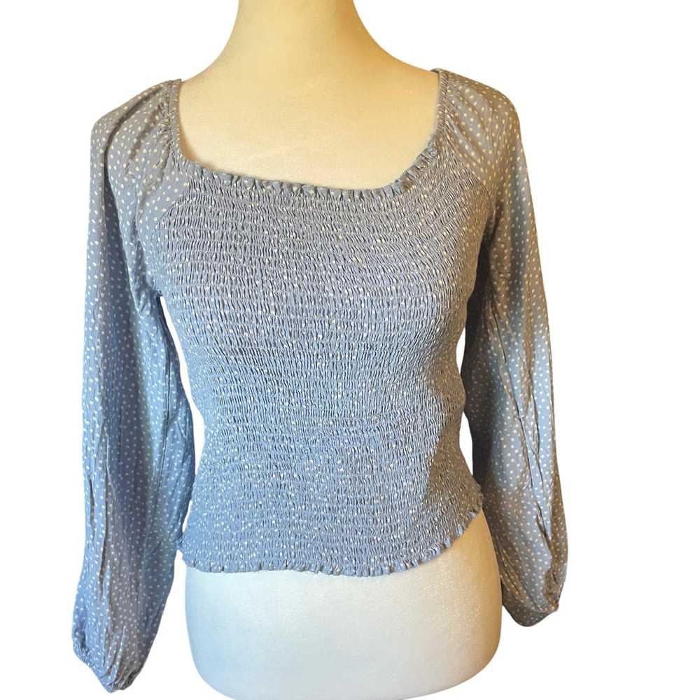 American Eagle Y2K Women Smocked Polka Dot Puff Sleeve Top Med Blue Cottagecore